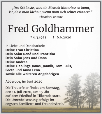 Traueranzeige von Fred Goldhammer von Super Sonntag Mansfelder Land