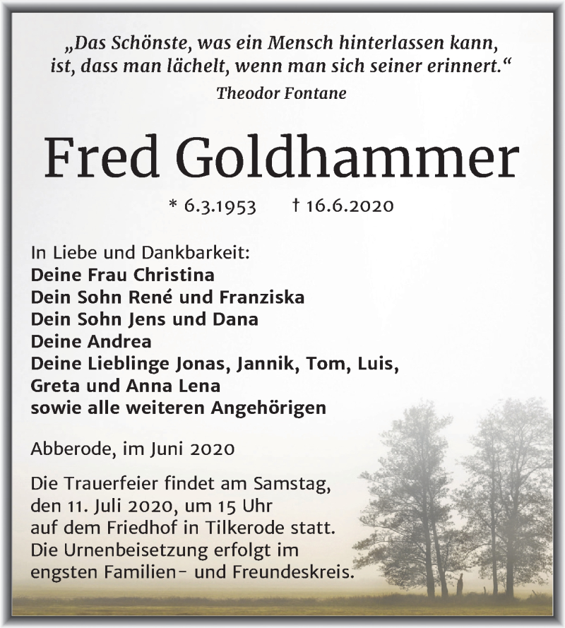  Traueranzeige für Fred Goldhammer vom 24.06.2020 aus Mitteldeutsche Zeitung Mansfelder Land