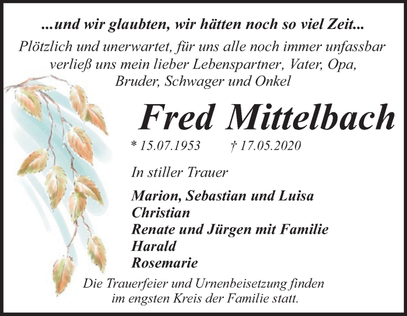  Traueranzeige für Fred Mittelbach vom 13.06.2020 aus Mitteldeutsche Zeitung Dessau-Roßlau
