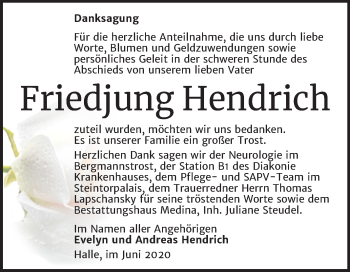 Traueranzeige von Friedjung Hendrich von Mitteldeutsche Zeitung Halle/Saalkreis