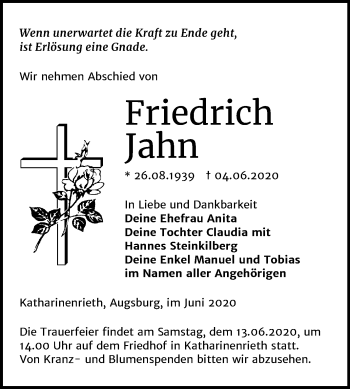 Traueranzeige von Friedrich Jahn von Mitteldeutsche Zeitung Sangerhausen