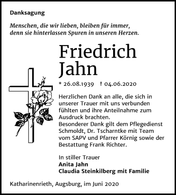 Traueranzeige von Friedrich Jahn von Mitteldeutsche Zeitung Sangerhausen