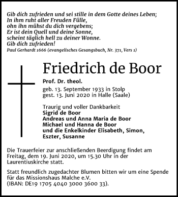 Traueranzeige von Friedrich de Boor von Mitteldeutsche Zeitung Halle/Saalkreis