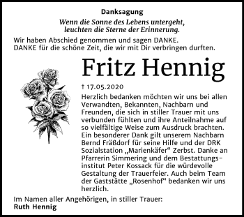 Traueranzeige von Fritz Hennig von Mitteldeutsche Zeitung Wittenberg