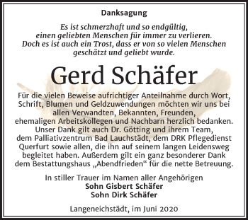 Traueranzeige von Gerd Schäfer von Super Sonntag Merseburg/Querfurt