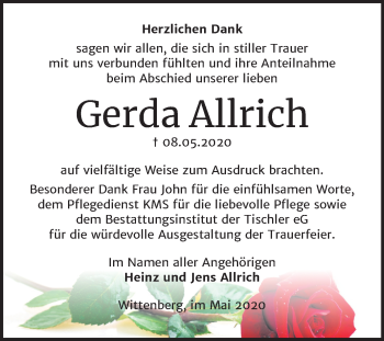 Traueranzeige von Gerda Allrich von Super Sonntag Wittenberg