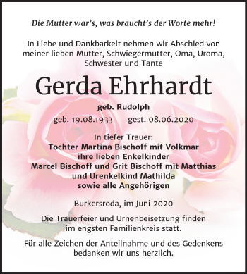 Traueranzeige von Gerda Ehrhardt von Wochenspiegel Naumburg/Nebra
