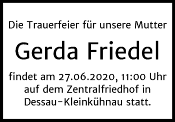 Traueranzeige von Gerda Friedel von Super Sonntag Dessau-Roßlau