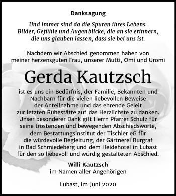 Traueranzeige von Gerda Kautzsch von Mitteldeutsche Zeitung Wittenberg