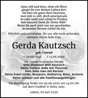 Traueranzeige von Gerda Kautzsch von Mitteldeutsche Zeitung Wittenberg