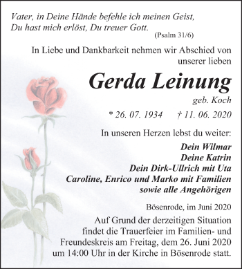 Traueranzeige von Gerda Leinung von Wochenspiegel Sangerhausen