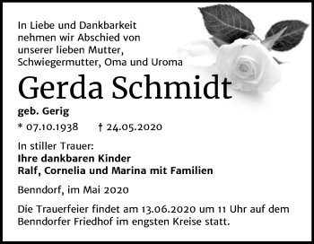 Traueranzeige von Gerda Schmidt von Mitteldeutsche Zeitung Mansfelder Land