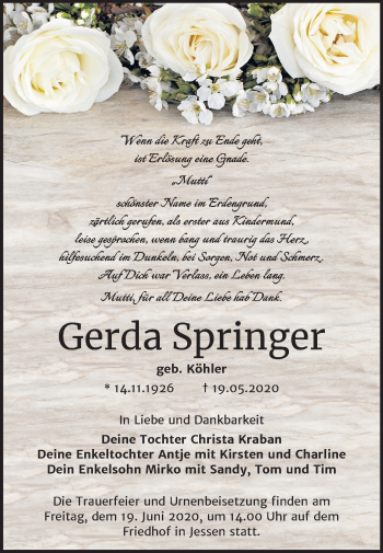 Traueranzeige von Gerda Springer von Mitteldeutsche Zeitung Wittenberg