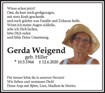 Traueranzeige von Gerda Weigend von Mitteldeutsche Zeitung Mansfelder Land