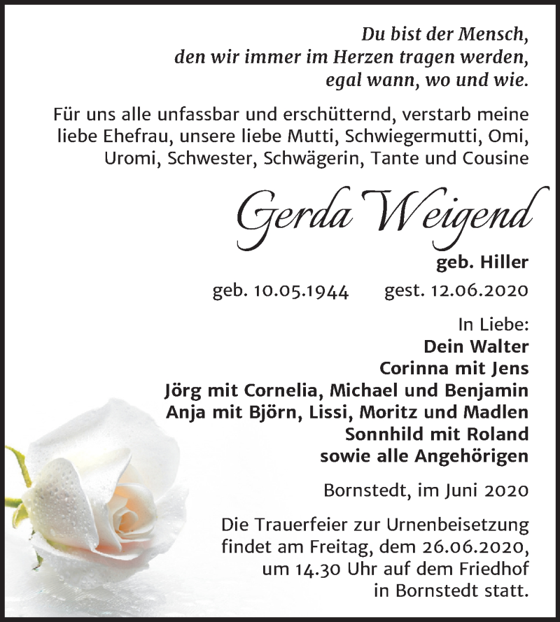  Traueranzeige für Gerda Weigend vom 20.06.2020 aus Mitteldeutsche Zeitung Mansfelder Land