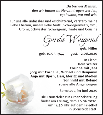 Traueranzeige von Gerda Weigend von Mitteldeutsche Zeitung Mansfelder Land