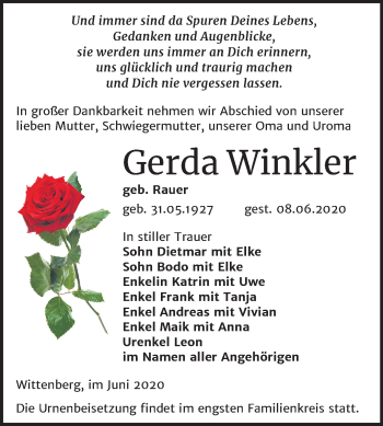 Traueranzeige von Gerda Winkler von Super Sonntag Wittenberg