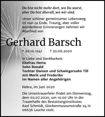 Traueranzeige von Gerhard Barsch von Mitteldeutsche Zeitung Naumburg/Nebra