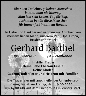 Traueranzeige von Gerhard Barthel von Mitteldeutsche Zeitung Sangerhausen
