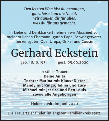 Traueranzeige von Gerhard Eckstein von Super Sonntag Sangerhausen