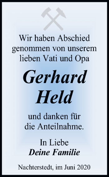 Traueranzeige von Gerhard Held von Super Sonntag Aschersleben