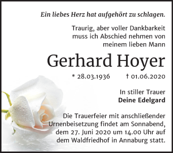 Traueranzeige von Gerhard Hoyer von Mitteldeutsche Zeitung Wittenberg