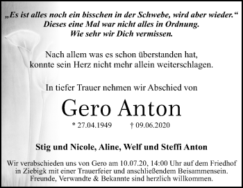 Traueranzeige von Gero Anton von Super Sonntag Dessau-Roßlau