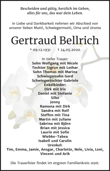 Traueranzeige von Gertraud Bellrich von Super Sonntag Wittenberg