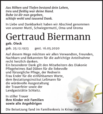Traueranzeige von Gertraud Biermann von Mitteldeutsche Zeitung Bitterfeld