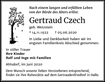 Traueranzeige von Gertraud Czech von Wochenspiegel Mansfelder Land