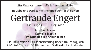 Traueranzeige von Gertraude Engert von Mitteldeutsche Zeitung Halle/Saalkreis