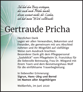 Traueranzeige von Gertraude Pricha von Wochenspiegel Weißenfels