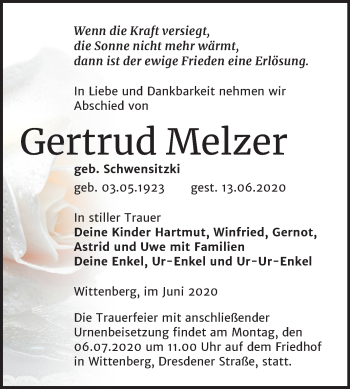 Traueranzeige von Gertrud Melzer von Mitteldeutsche Zeitung Wittenberg