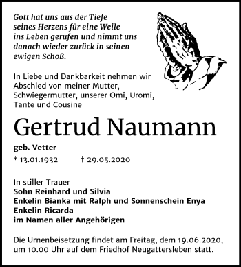 Traueranzeige von Gertrud Naumann von Mitteldeutsche Zeitung Bernburg