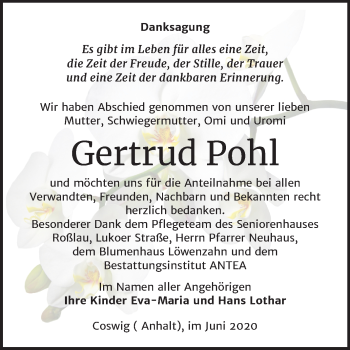 Traueranzeige von Gertrud Pohl von Super Sonntag Wittenberg