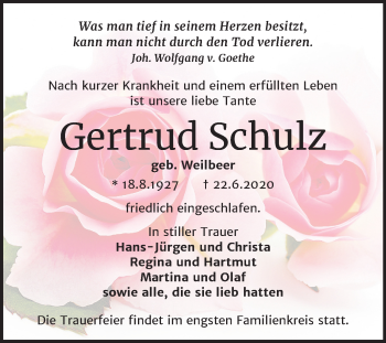 Traueranzeige von Gertrud Schulz von Mitteldeutsche Zeitung Köthen