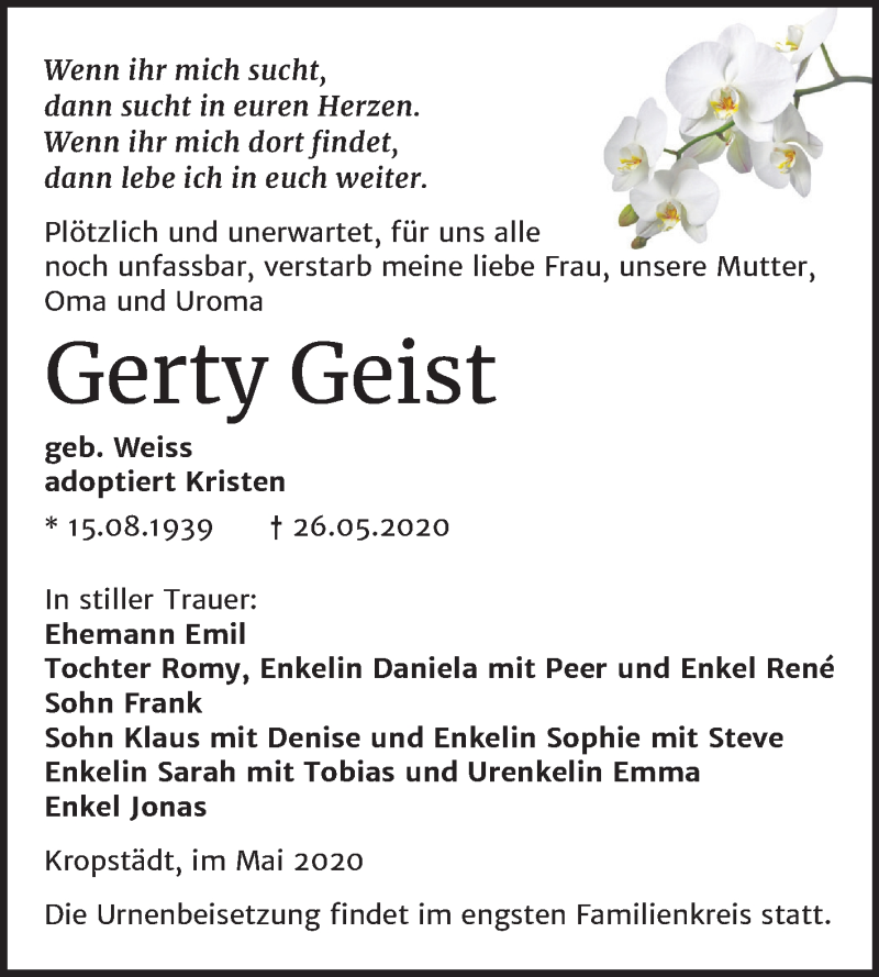  Traueranzeige für Gerty Geist vom 06.06.2020 aus Mitteldeutsche Zeitung Wittenberg