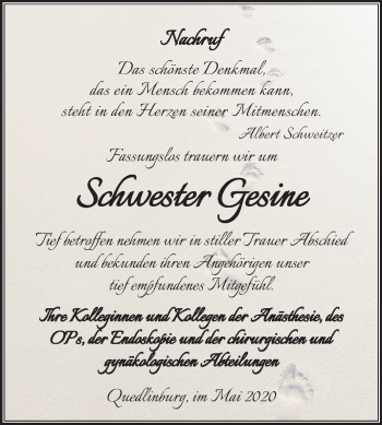 Traueranzeige von Gesine  von Mitteldeutsche Zeitung Quedlinburg