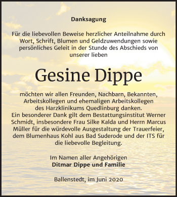 Traueranzeige von Gesine Dippe von Mitteldeutsche Zeitung Quedlinburg