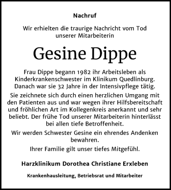 Traueranzeige von Gesine Dippe von Mitteldeutsche Zeitung Quedlinburg