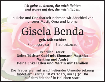 Traueranzeige von Gisela Benda von Mitteldeutsche Zeitung Halle/Saalkreis