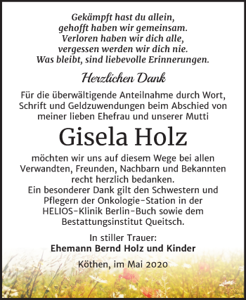 Traueranzeige von Gisela Holz von Super Sonntag Köthen