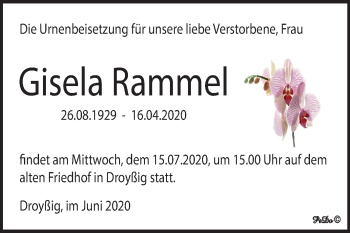 Traueranzeige von Gisela Rammel von Super Sonntag Zeitz