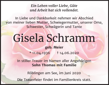 Traueranzeige von Gisela Schramm von Mitteldeutsche Zeitung Mansfelder Land