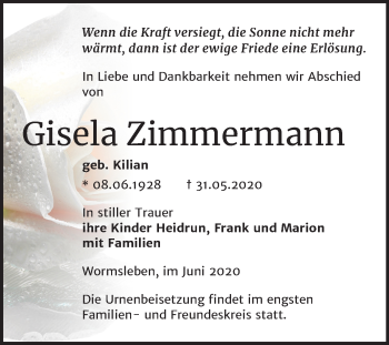 Traueranzeige von Gisela Zimmermann von Super Sonntag Mansfelder Land