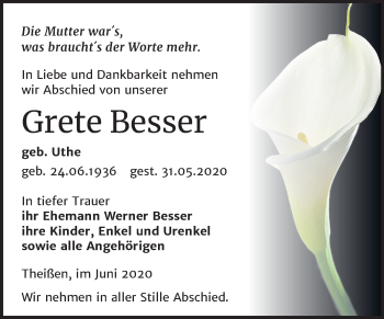 Traueranzeige von Grete Besser von Super Sonntag Zeitz