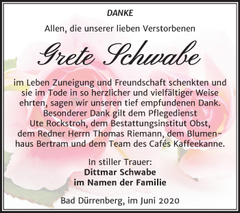 Traueranzeige von Grete Schwabe von Mitteldeutsche Zeitung Merseburg/Querfurt
