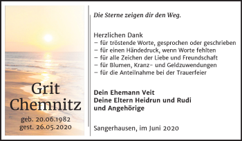 Traueranzeige von Grit Chemnitz von Mitteldeutsche Zeitung Sangerhausen