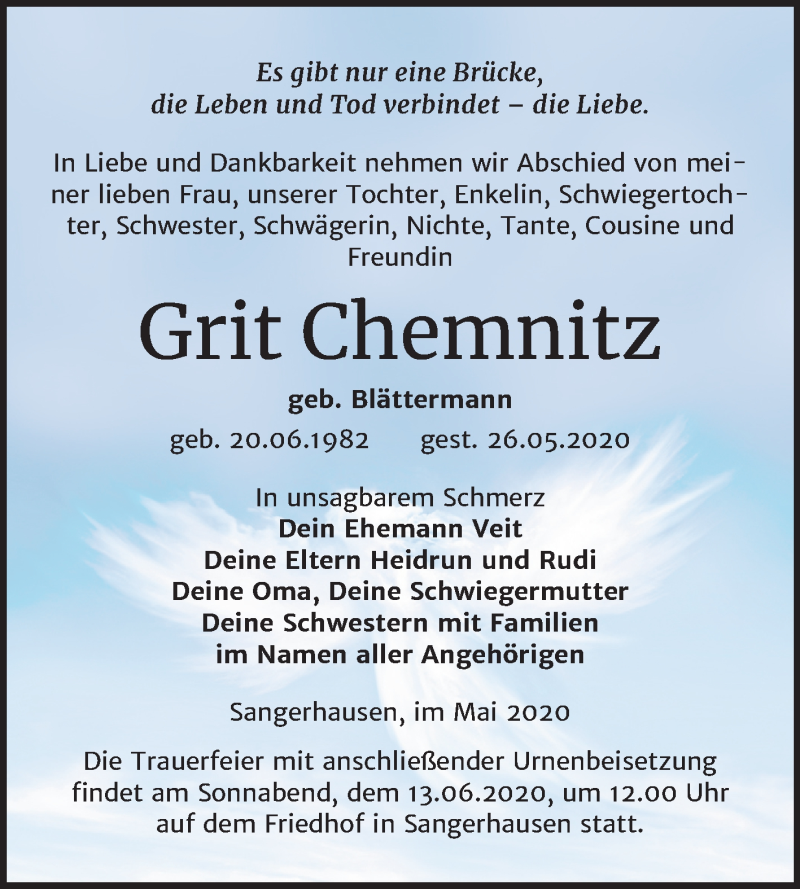  Traueranzeige für Grit Chemnitz vom 06.06.2020 aus Super Sonntag Sangerhausen