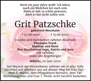 Traueranzeige von Grit Patzschke von Wochenspiegel Weißenfels